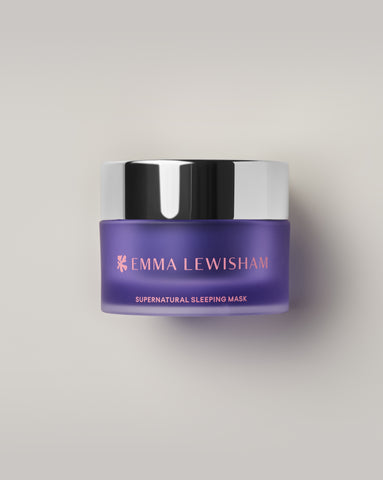A purple jar of Emma Lewisham Supernatural Sleeping Mask on a gray background.
